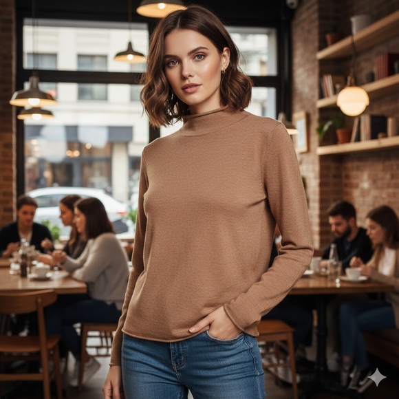 Nicole Miller Sweaters - Nicole Miller Women's Brown Quiet Luxury Merino Wool Mock Neck Sweater Size L/XL